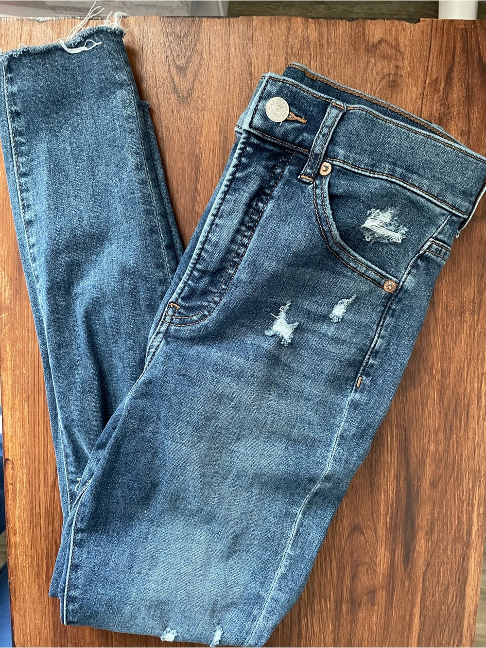 Express Women's Distressed Mid Blue Skinny Jeans